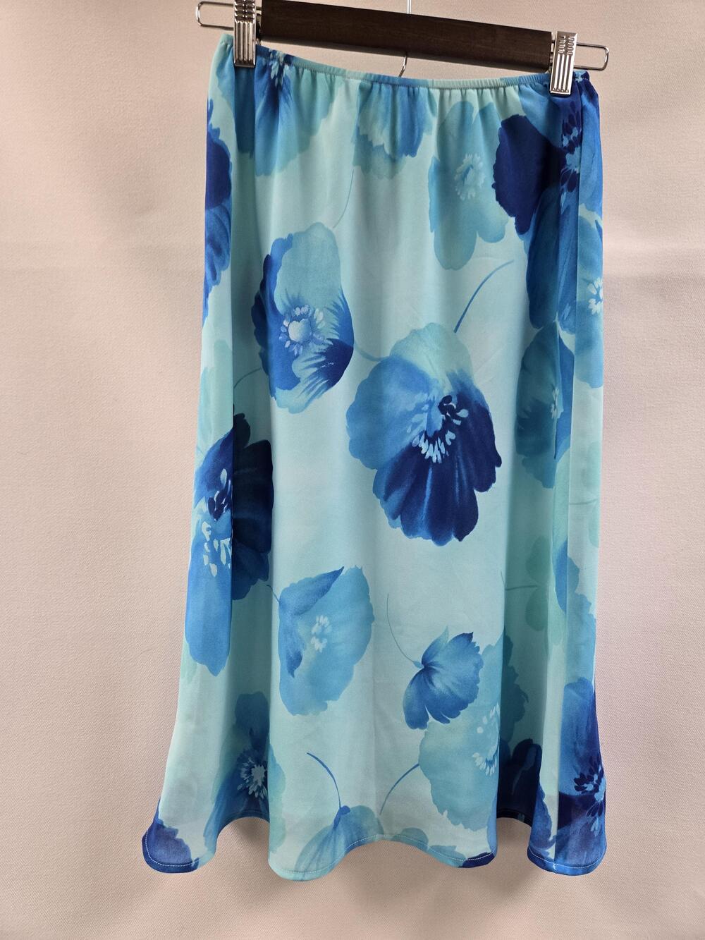 Worthington Skirt Womens 6 Blue Floral A-Line Midi Lined Elastic Waist Chiffon